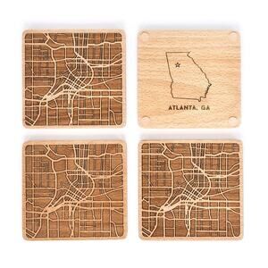ATLANTA GEORGIA Etched Map Wooden Beech Wood Coasters | Set of 4